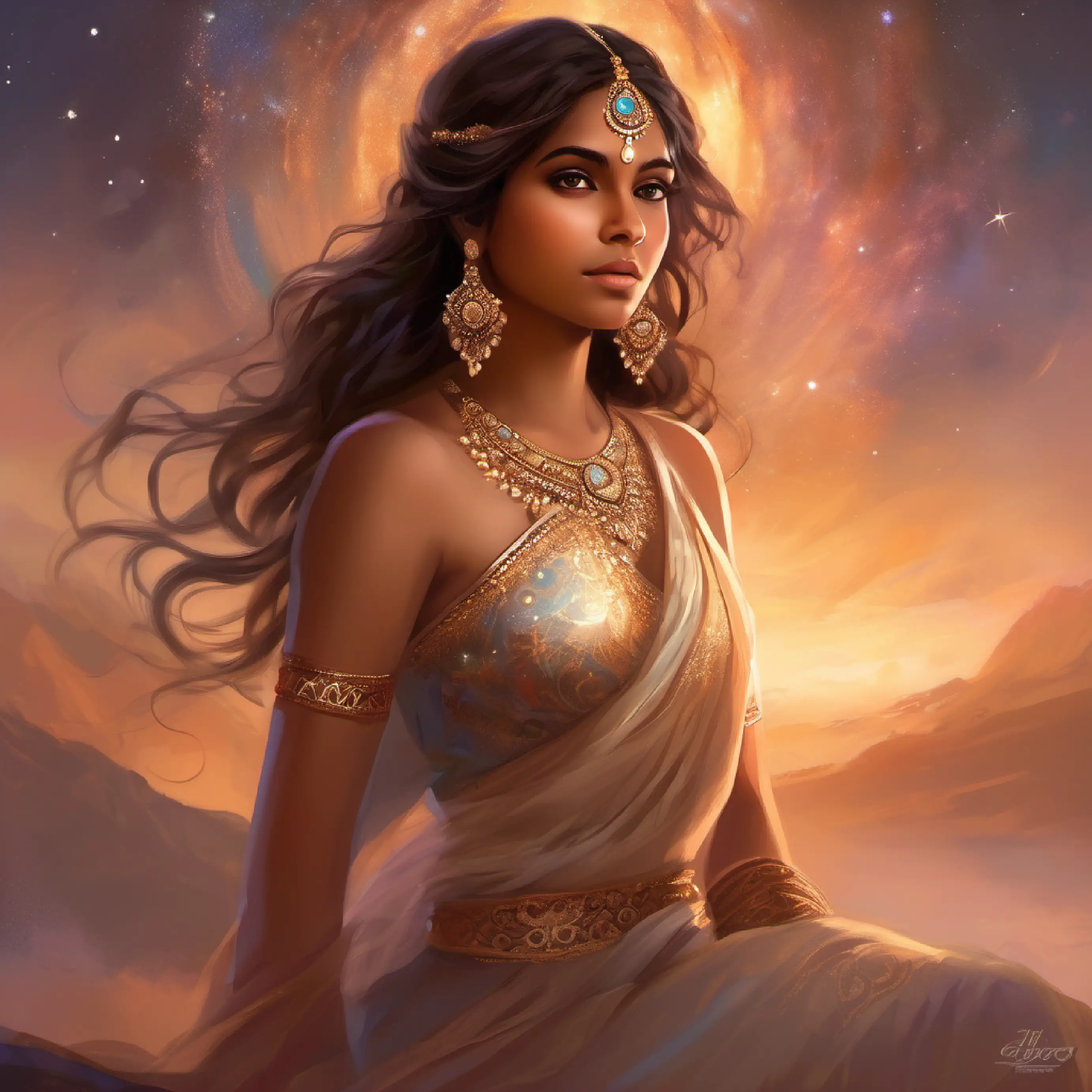 Indian girl, very fair skin color, medium length brown wavy hair, warm brown eyes, poised demeanor contemplating her attire choice for prom, feeling a mix of emotions.