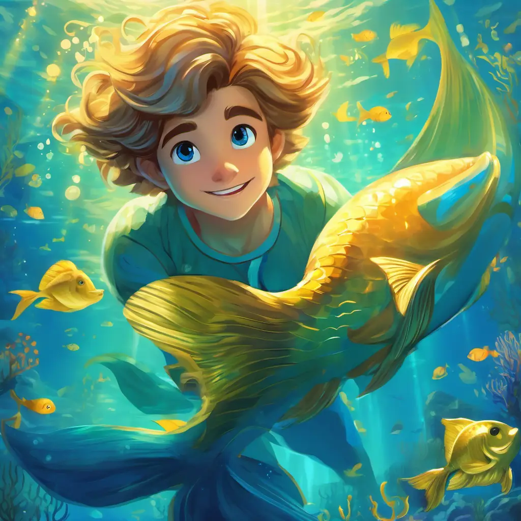 Underwater kingdom, introducing Merman with golden tail, bright blue eyes, young and curious, sparkling tail.