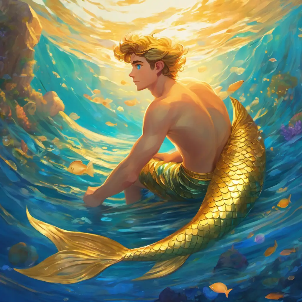 Merman with golden tail, bright blue eyes, young and curious's ocean home, Merman with golden tail, bright blue eyes, young and curious's dreams, mention of a legend.