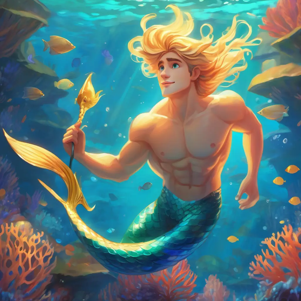 Merman with golden tail, bright blue eyes, young and curious's interaction with Coral, magical feeling, emotional moment.