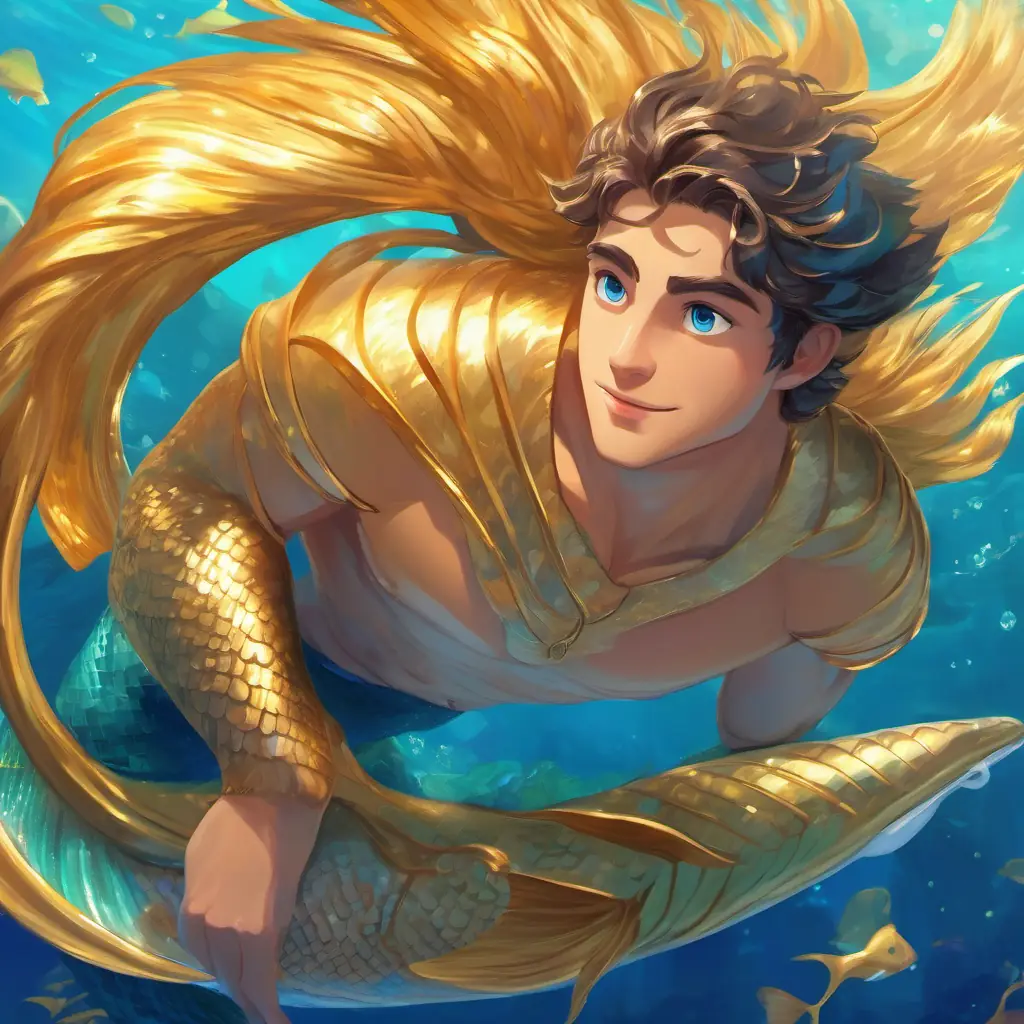 Merman with golden tail, bright blue eyes, young and curious's anticipation, desire to share his experience, end of quest.