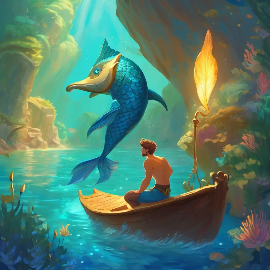 Departure scene, Merman with golden tail, bright blue eyes, young and curious's goodbyes, start of adventure.