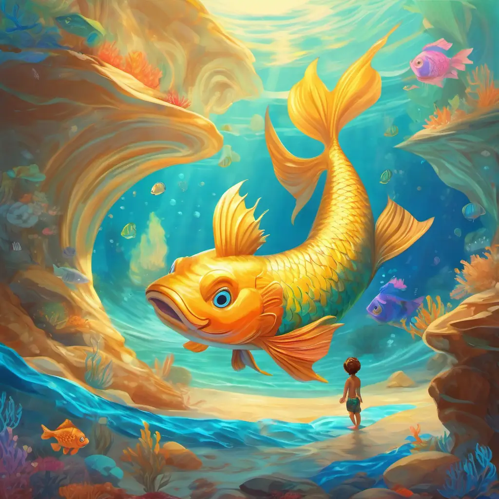 Swirling sands, playful fish, Merman with golden tail, bright blue eyes, young and curious asking for directions.