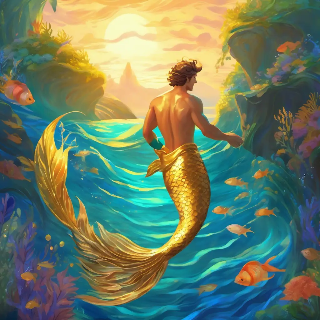 Merman with golden tail, bright blue eyes, young and curious's gratitude, arrival at Wavy Weeds, passage through.