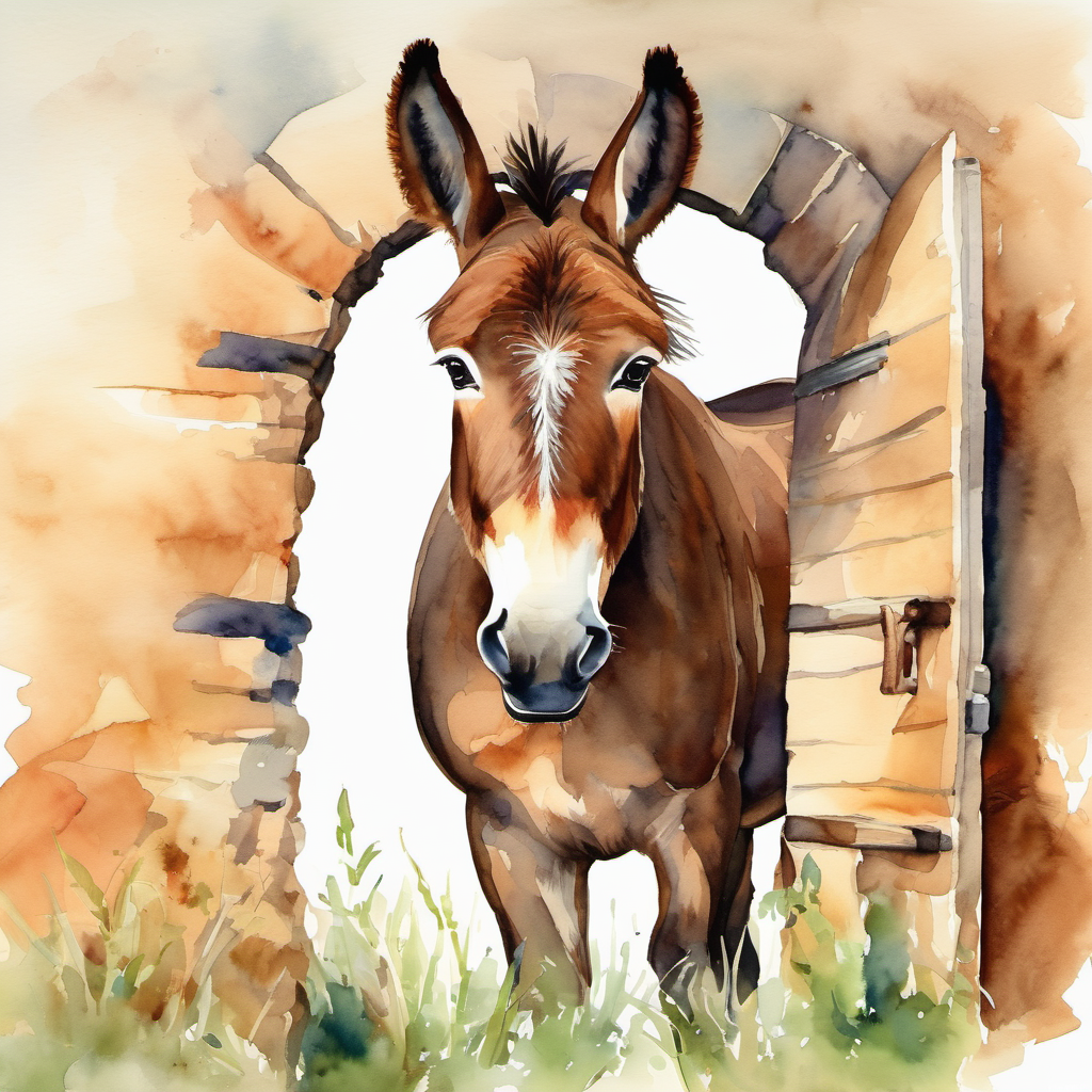 A brown donkey with a gentle face. looking worried inside a hole