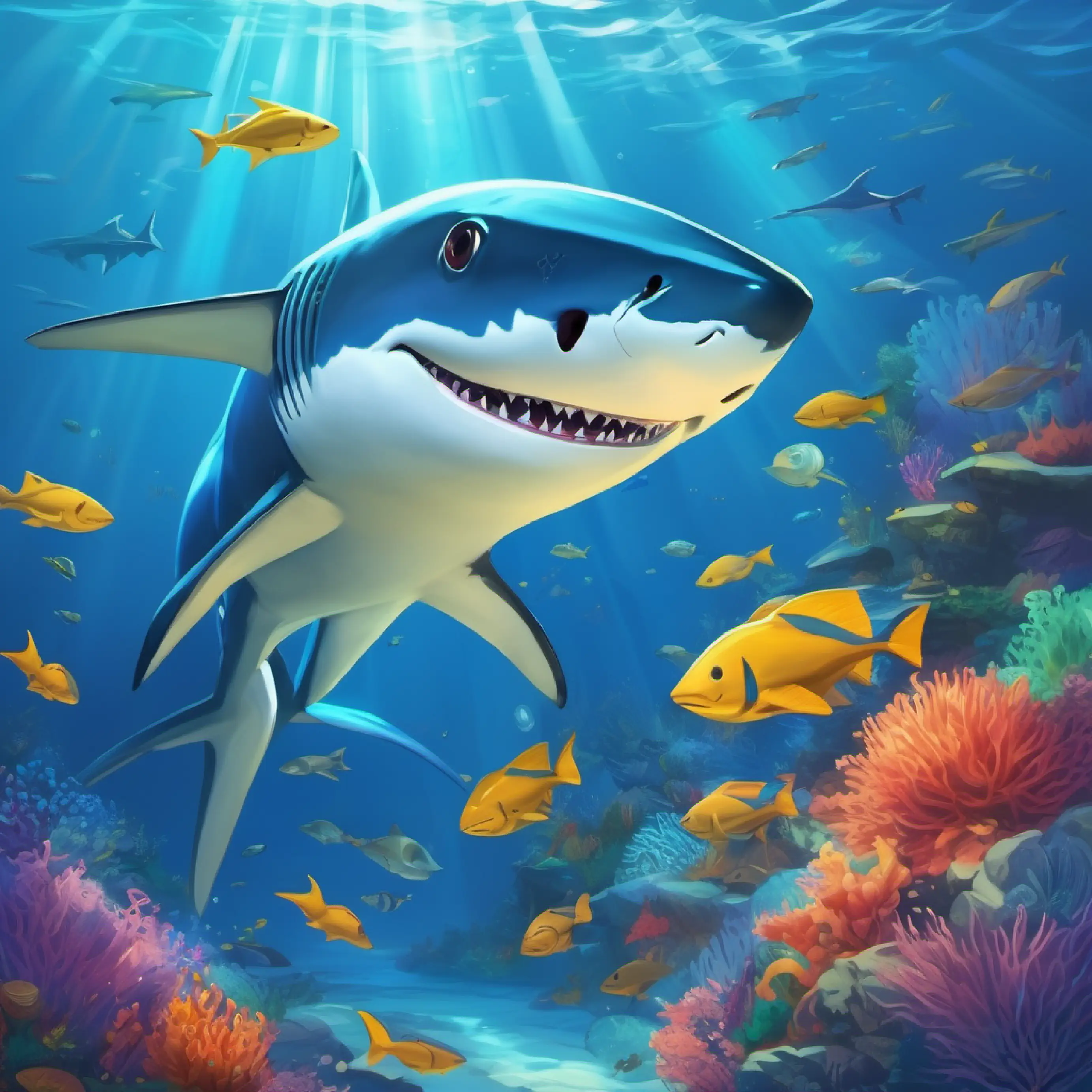 Introduction to Blue shark with a shiny cape, big, sharp teeth's character and setting, underwater ocean with colorful sea creatures.