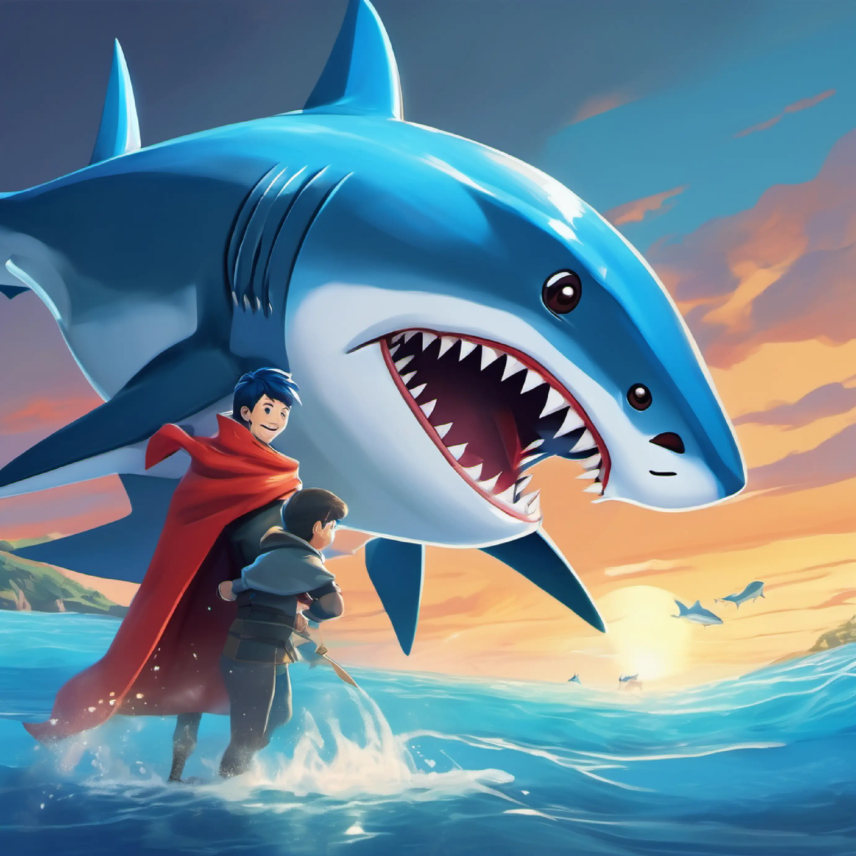 Blue shark with a shiny cape, big, sharp teeth and Sammy meet, Sammy is in pain, and Blue shark with a shiny cape, big, sharp teeth promises to help.