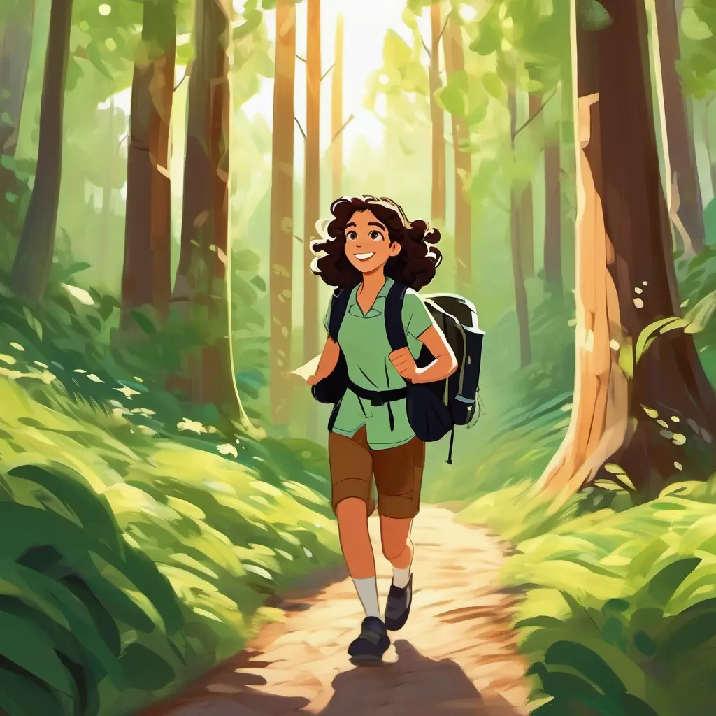 Curly brown hair, green eyes and Black hair, brown eyes in a sunny forest, setting off on a hiking trip, happy and excited.