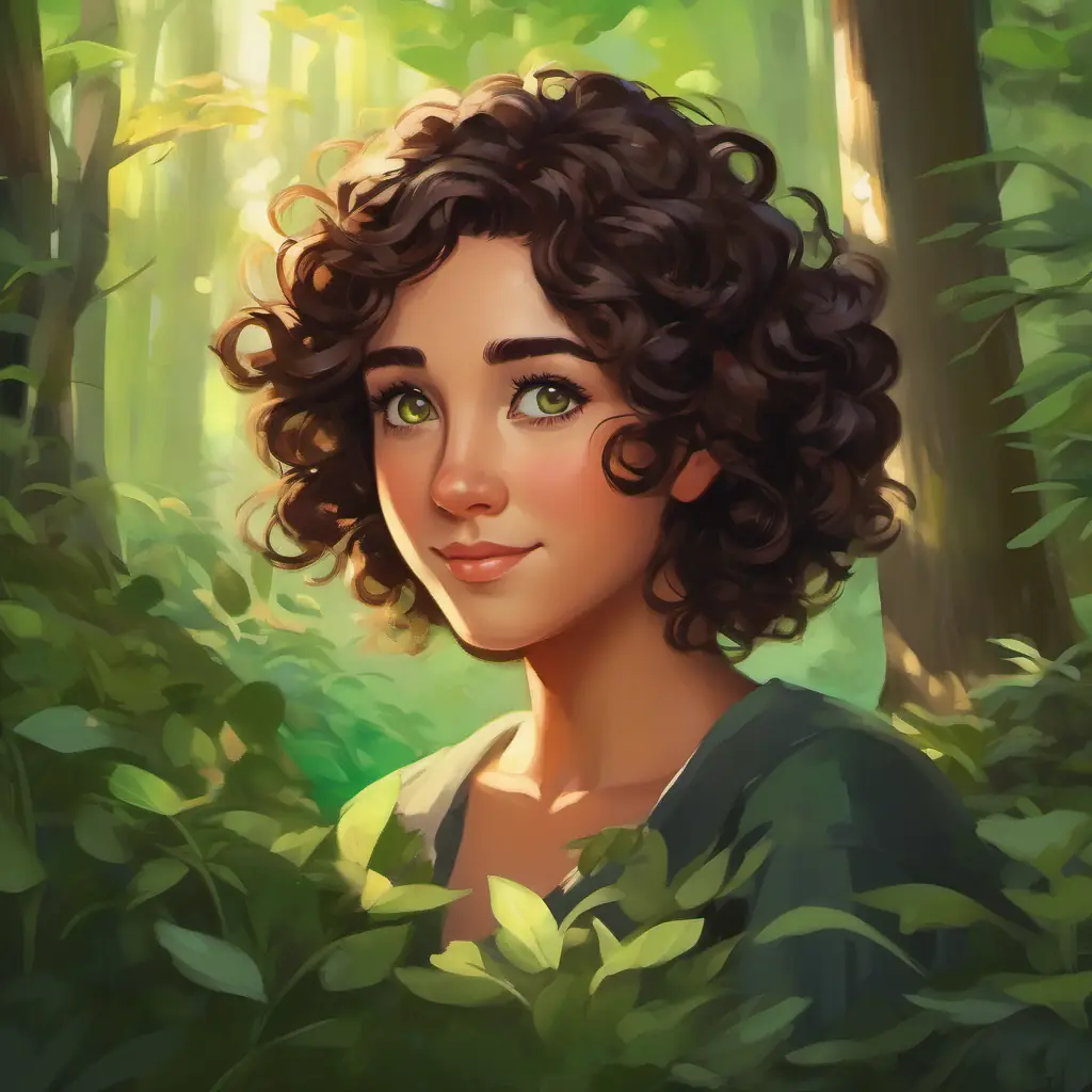 Curly brown hair, green eyes and Black hair, brown eyes find a hidden clearing with friendly woodland creatures, feeling safe and curious.