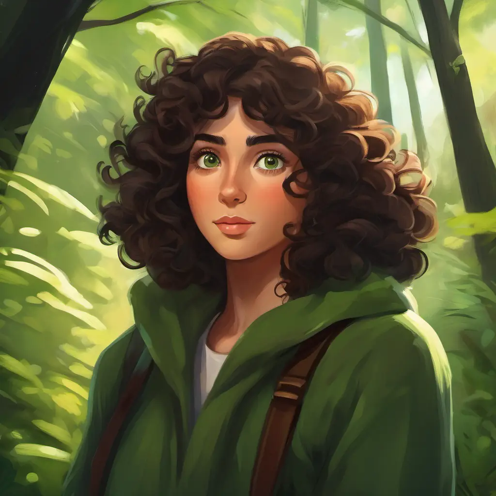 Curly brown hair, green eyes and Black hair, brown eyes learn that the mysterious stranger is a lost storyteller protecting the forest, feeling surprised and grateful.