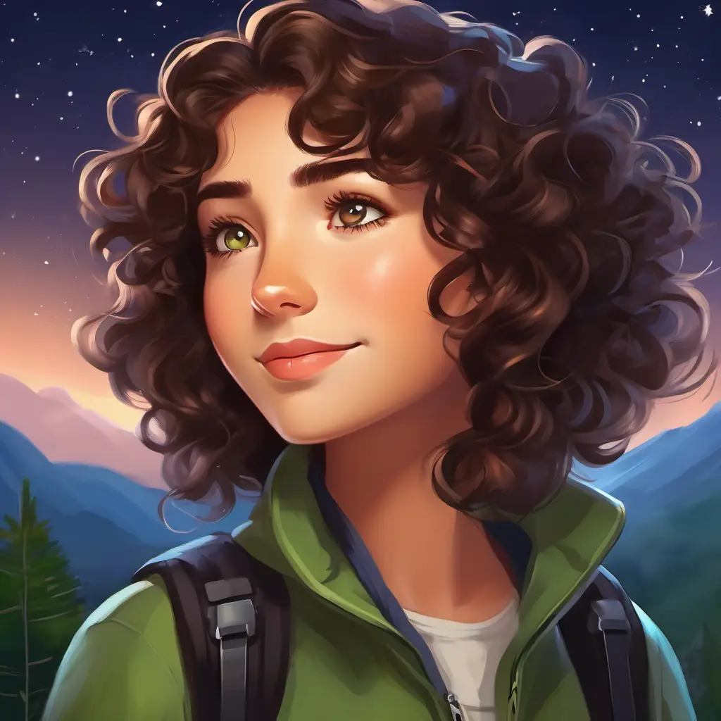 Curly brown hair, green eyes and Black hair, brown eyes's hiking trip turning into a magical journey, feeling happy and grateful under the stars.