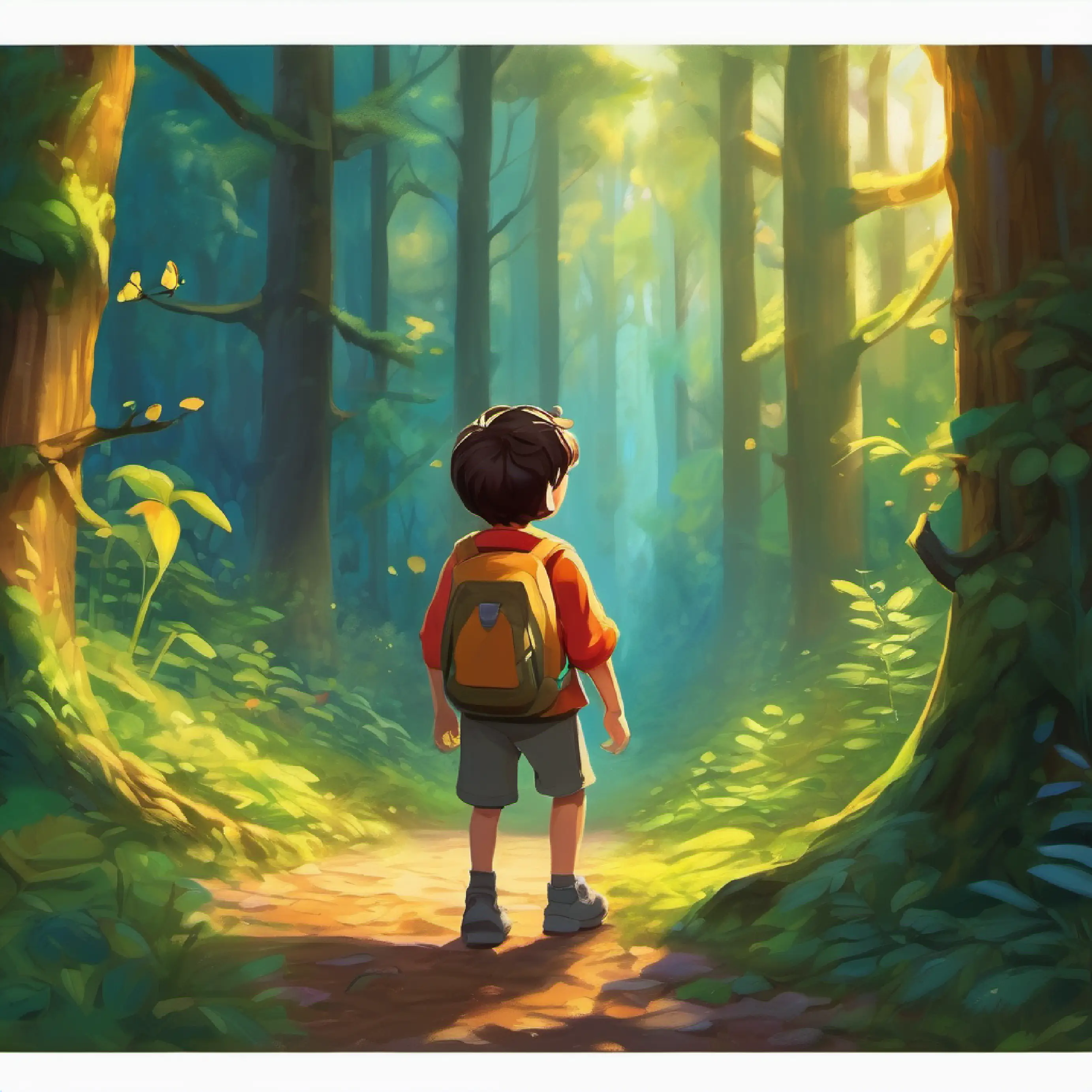 Introduces A boy with bright eyes and a curious smile, filled with wonder and the magical forest, setting the scene for his adventure.