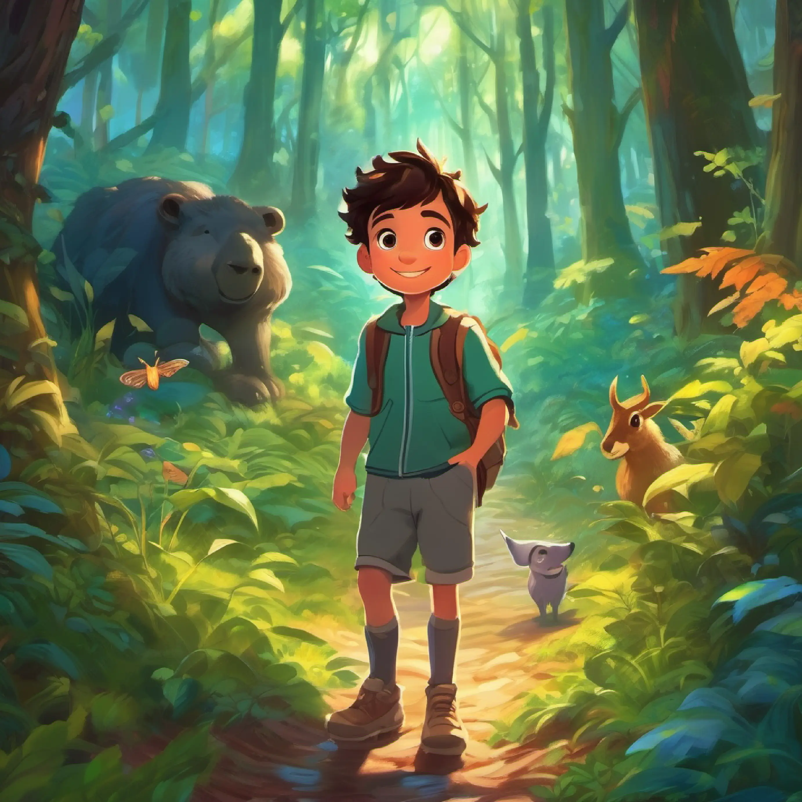 A boy with bright eyes and a curious smile, filled with wonder's journey through the magical forest, encountering enchanting creatures and nature.