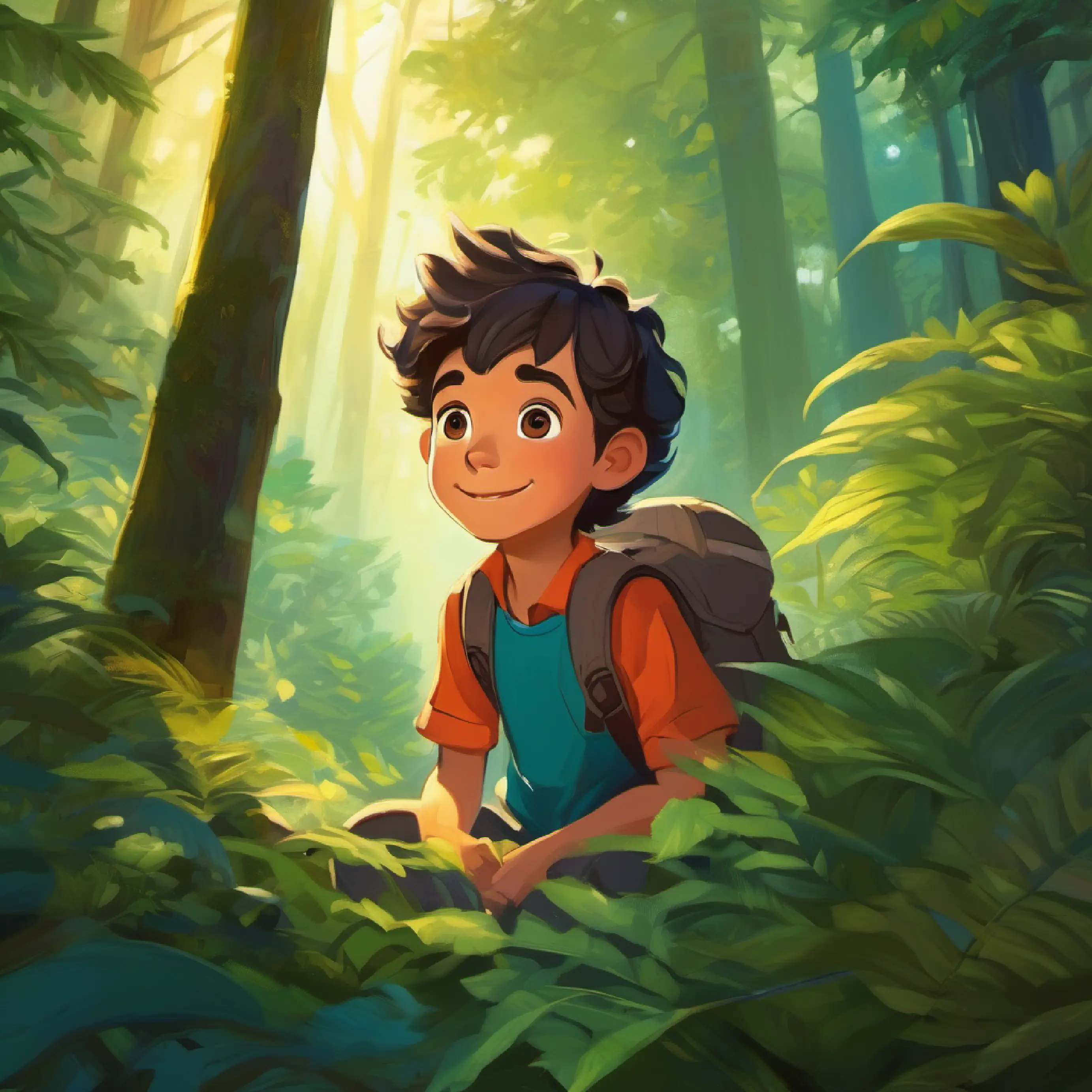 A boy with bright eyes and a curious smile, filled with wonder's journey deep into the forest, feeling the magic surrounding him.