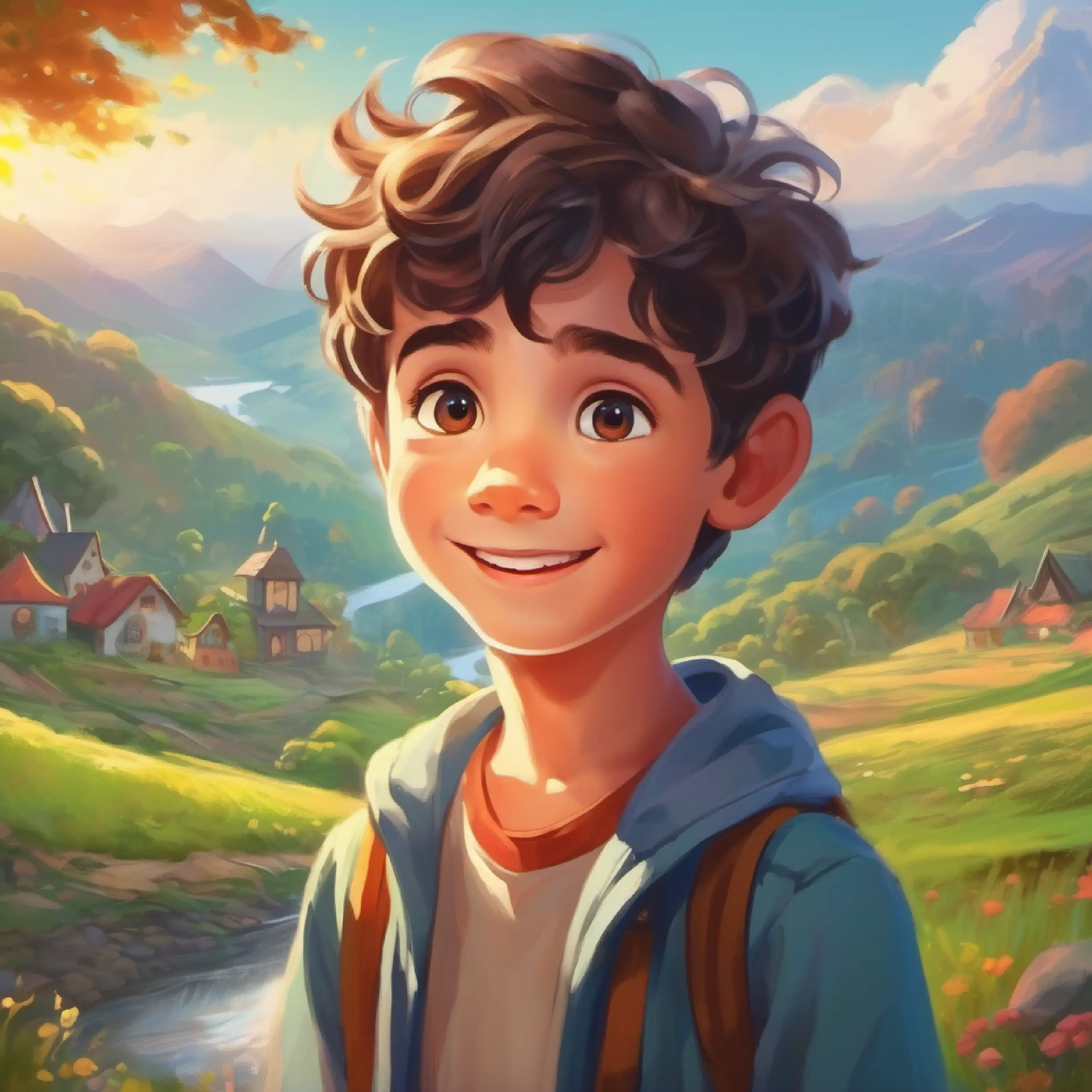A boy with bright eyes and a curious smile, filled with wonder's first glimpse of Godteriland, the description of the magical and delicious landscape.