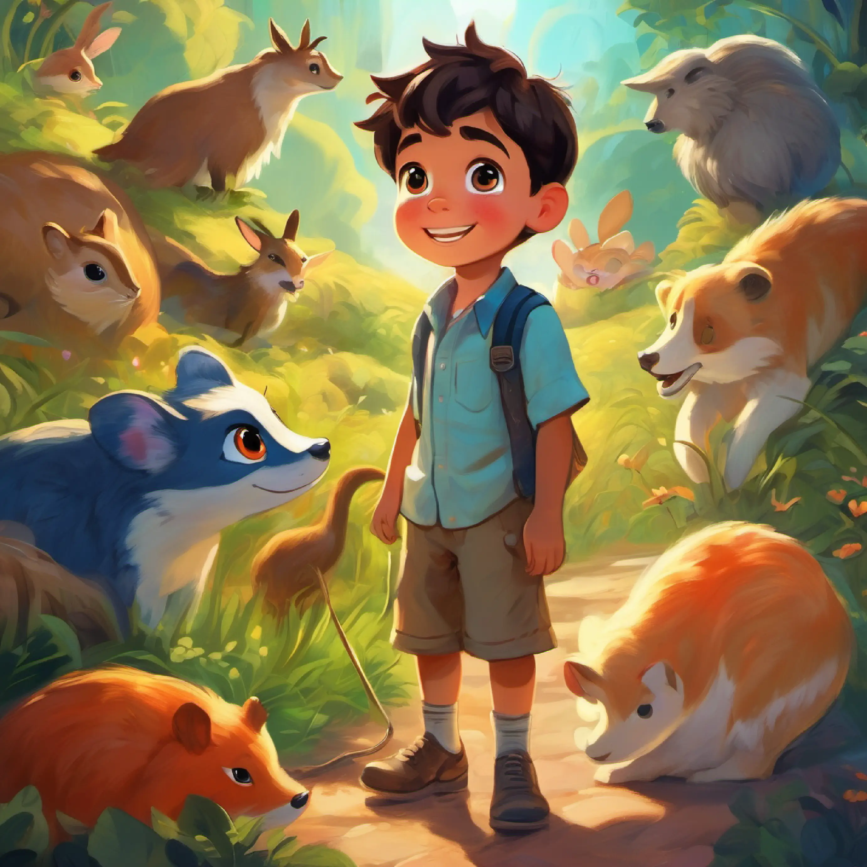 A boy with bright eyes and a curious smile, filled with wonder's interaction with the delightful creatures and characters of Godteriland.