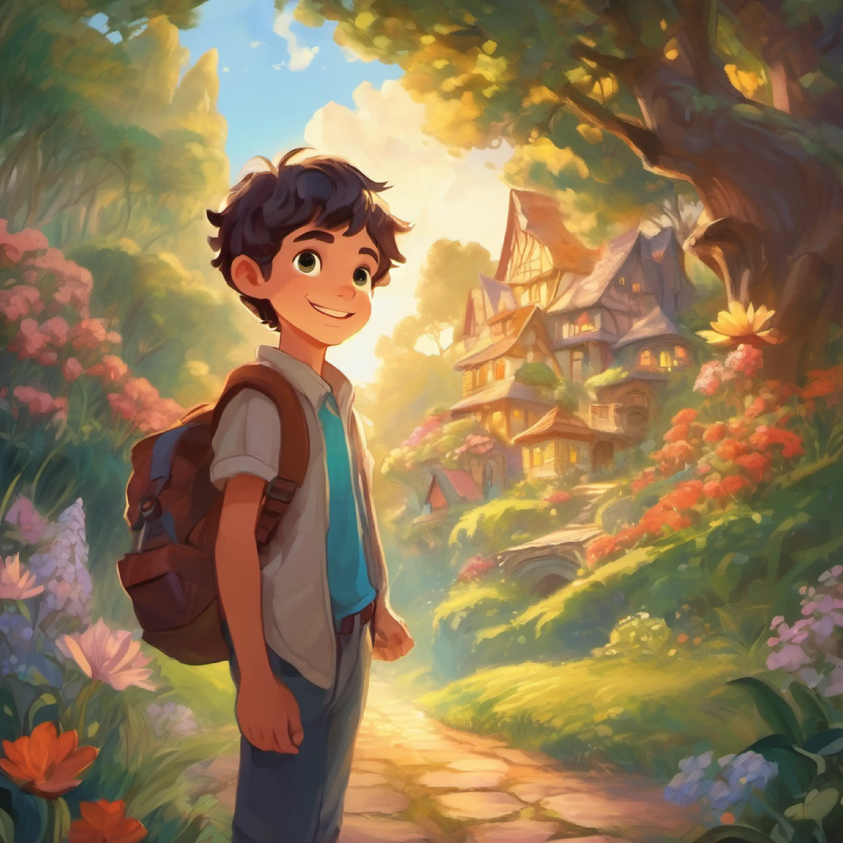 A boy with bright eyes and a curious smile, filled with wonder's departure from Godteriland, holding onto precious memories of his magical adventure.