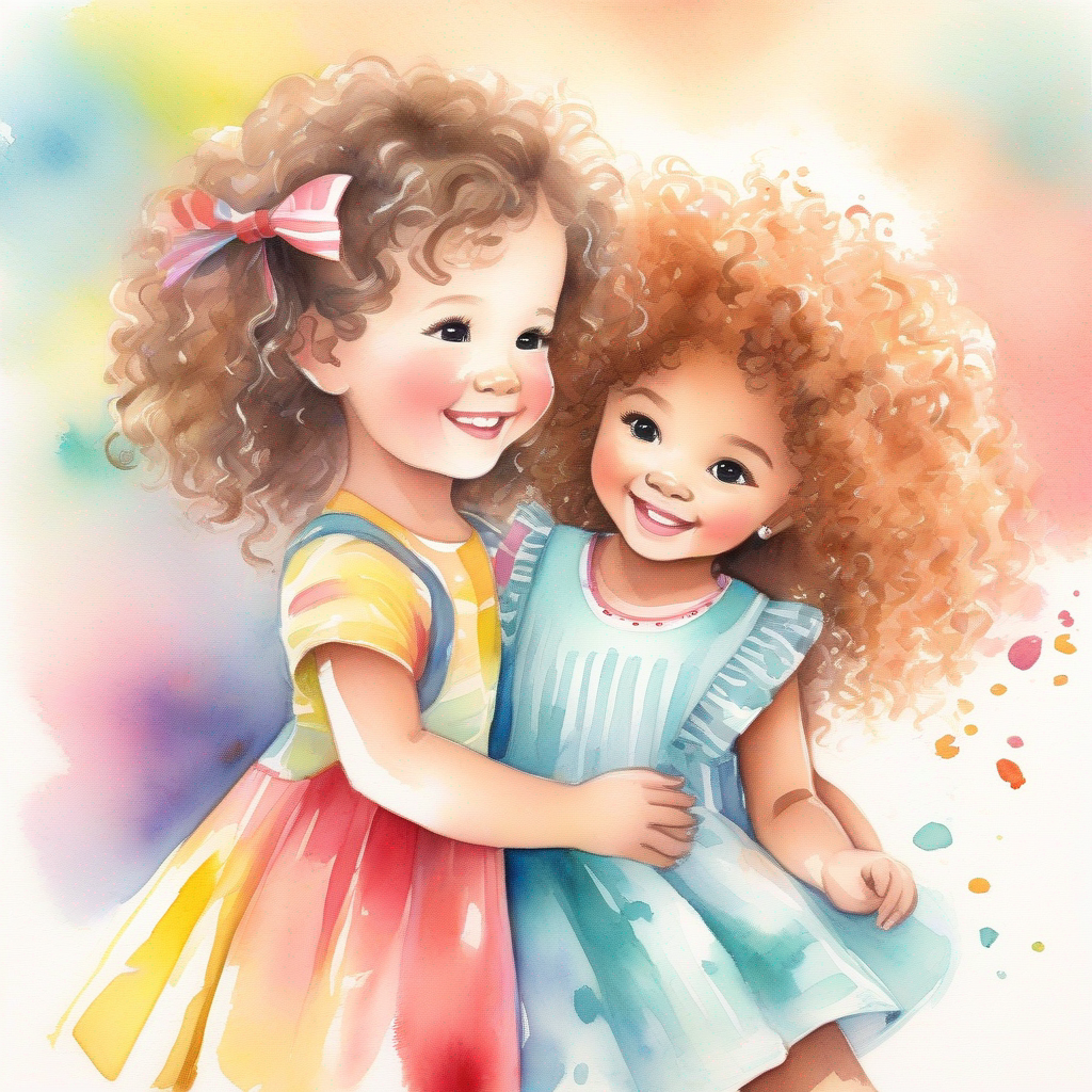 A little girl with curly hair, wearing a colorful dress and A fluffy and playful puppy with a wagging tail playing outside, bright and colorful