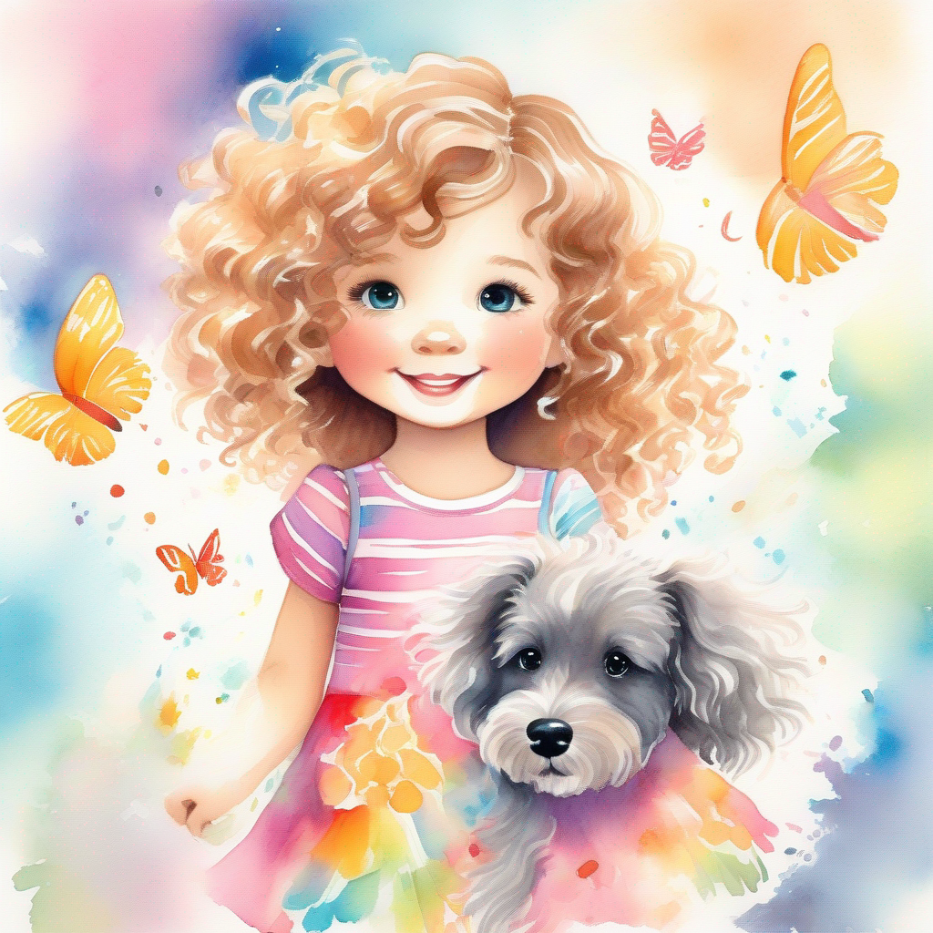 A little girl with curly hair, wearing a colorful dress and A fluffy and playful puppy with a wagging tail chasing butterflies, vibrant colors