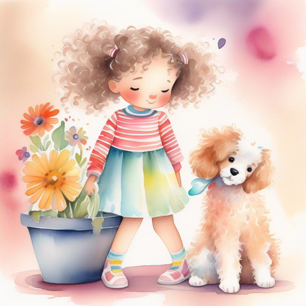 A little girl with curly hair, wearing a colorful dress and A fluffy and playful puppy with a wagging tail knocking over the flower pot, worried expressions