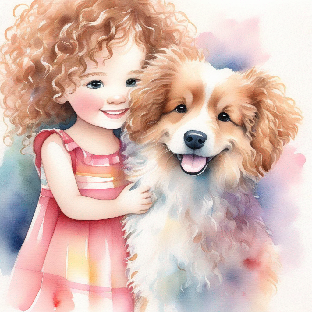 A little girl with curly hair, wearing a colorful dress and A fluffy and playful puppy with a wagging tail hugging, happy and loyal