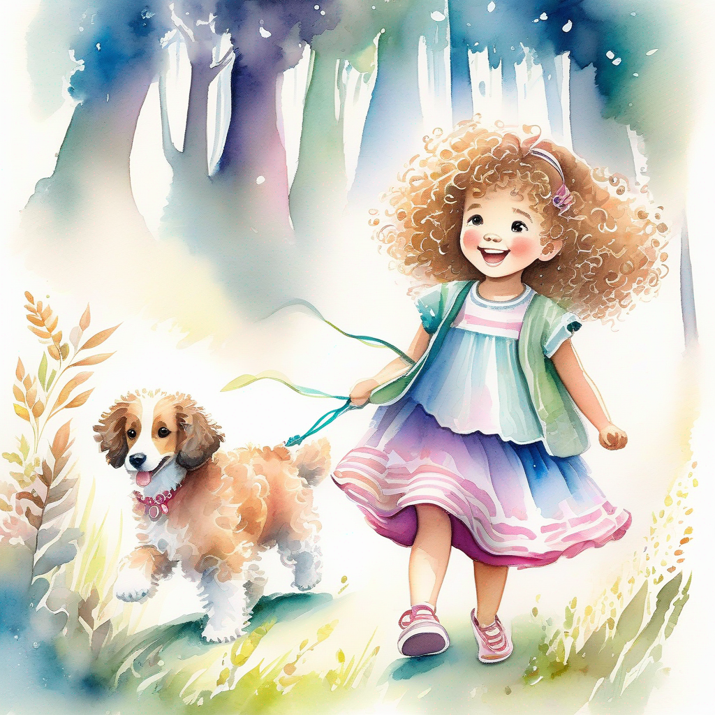 A little girl with curly hair, wearing a colorful dress and A fluffy and playful puppy with a wagging tail exploring a magical forest, filled with joy and wonder