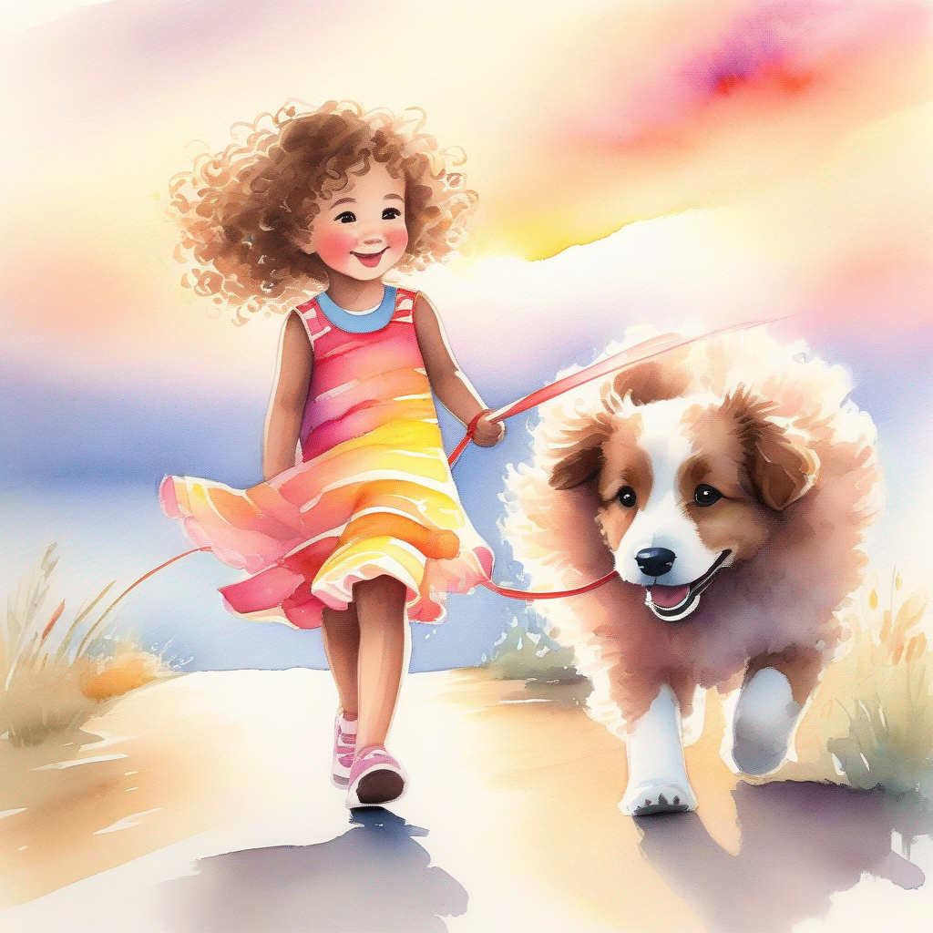A little girl with curly hair, wearing a colorful dress and A fluffy and playful puppy with a wagging tail walking into the sunset, content and smiling