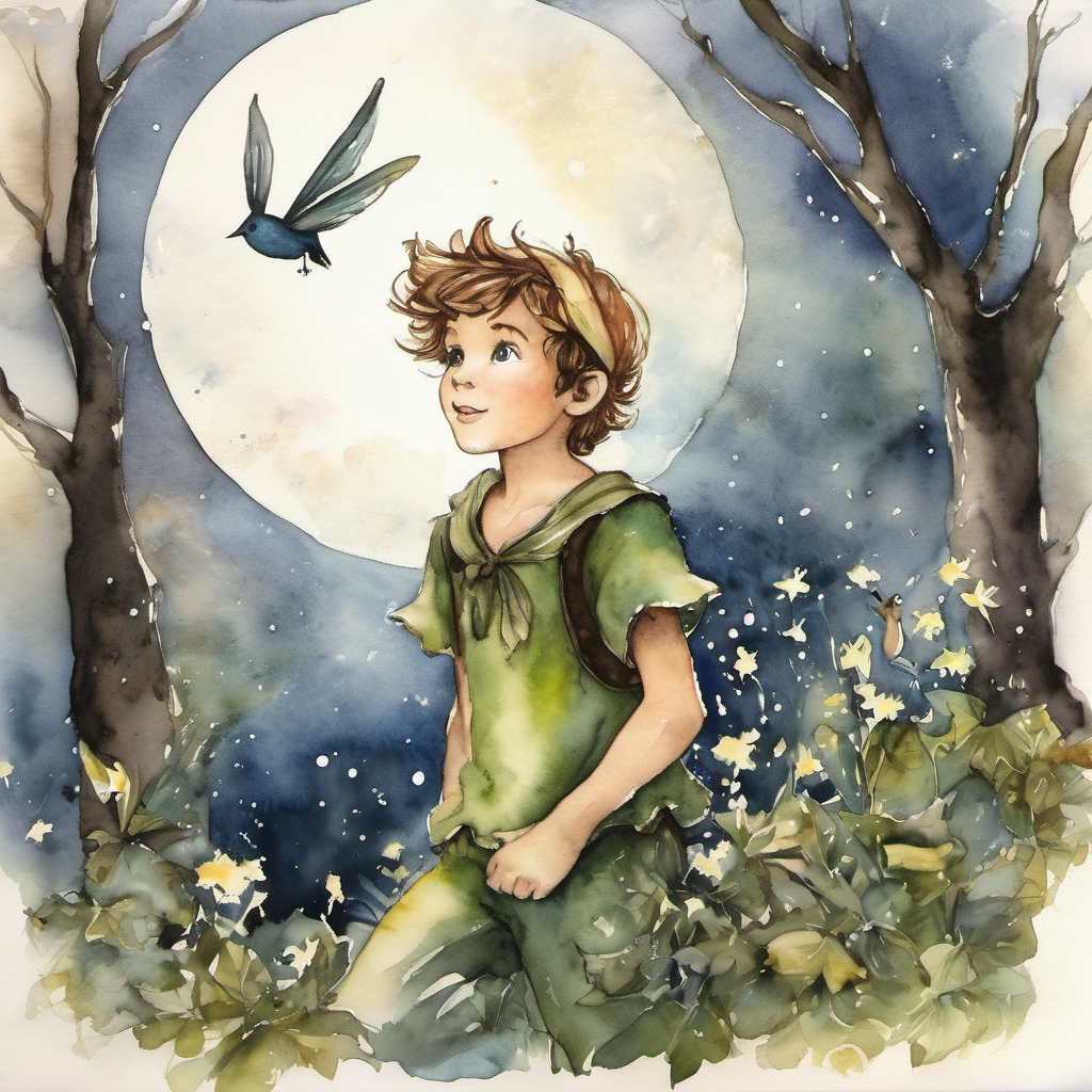 Peter was enchanted by their peaceful faces and the way the moonlight danced upon their curls. He carefully sprinkled some magical fairy dust on them, causing them to stir awake. Their eyes widened in amazement as they saw Peter standing before them, his feet barely touching the ground. "Hello, there!" Peter said with a twinkle in his eye. "I am Peter Pan, the boy who never grows up. Would you like to come on an adventure with me to a place called Neverland?"