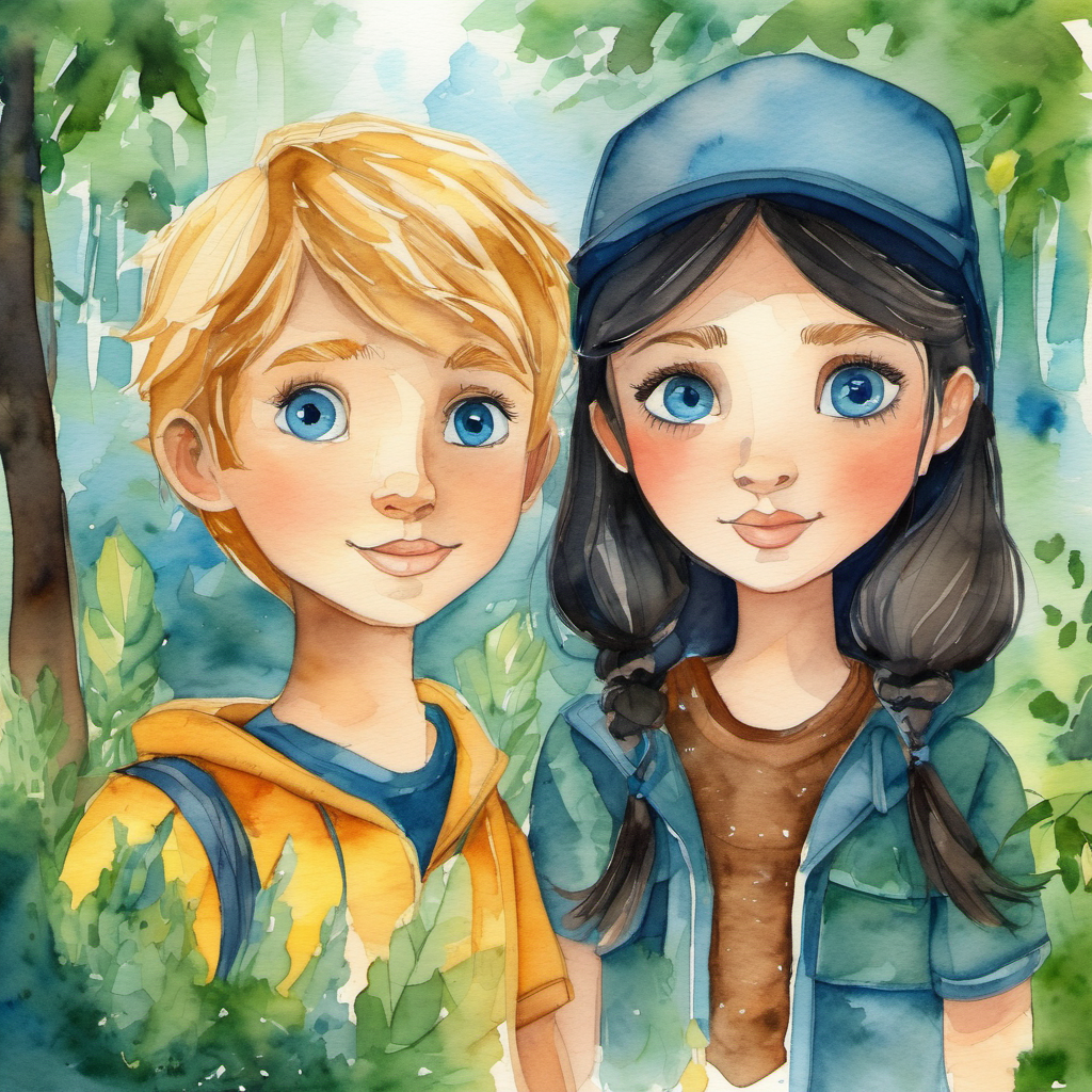 Blue eyes, golden hair ⁠⁠⁠⁠10 words max and Green eyes, dark hair 10 words max meet in the forest and spend time together, exploring their surroundings.