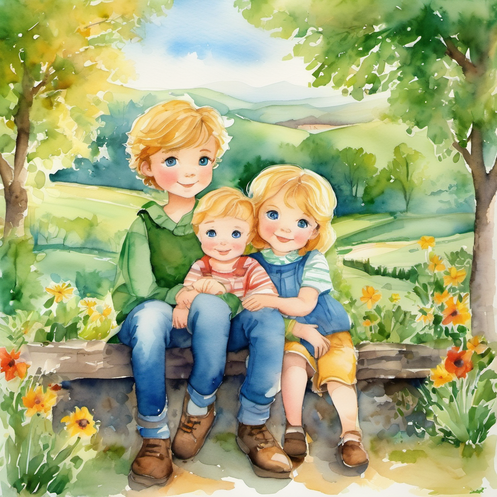 Blue eyes, golden hair ⁠⁠⁠⁠10 words max and Green eyes, dark hair 10 words max start a family in the countryside, raising their children with love and teaching them about friendship.