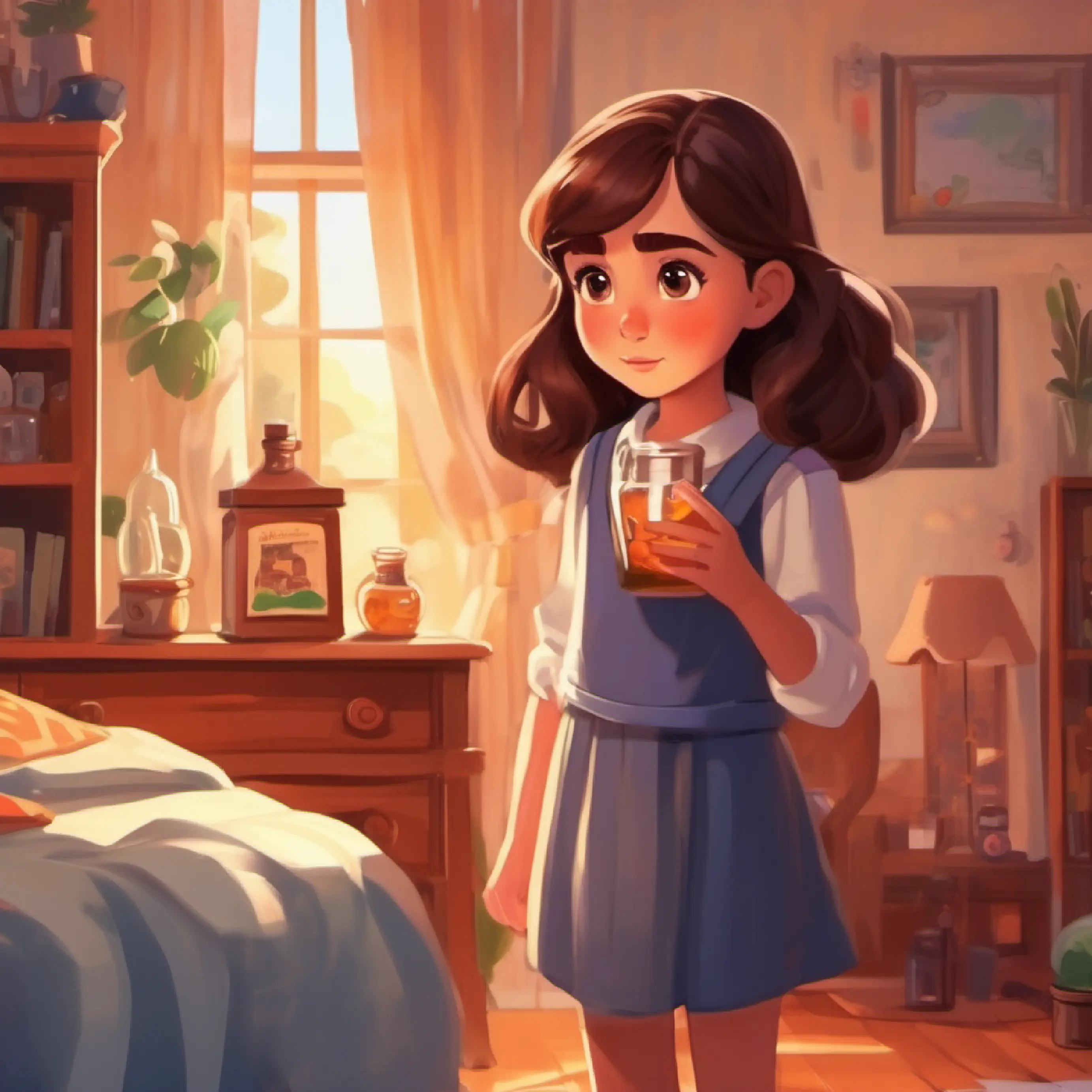 Introducing Young girl with brown hair and big curious brown eyes and her accidental potion mishap in her room.