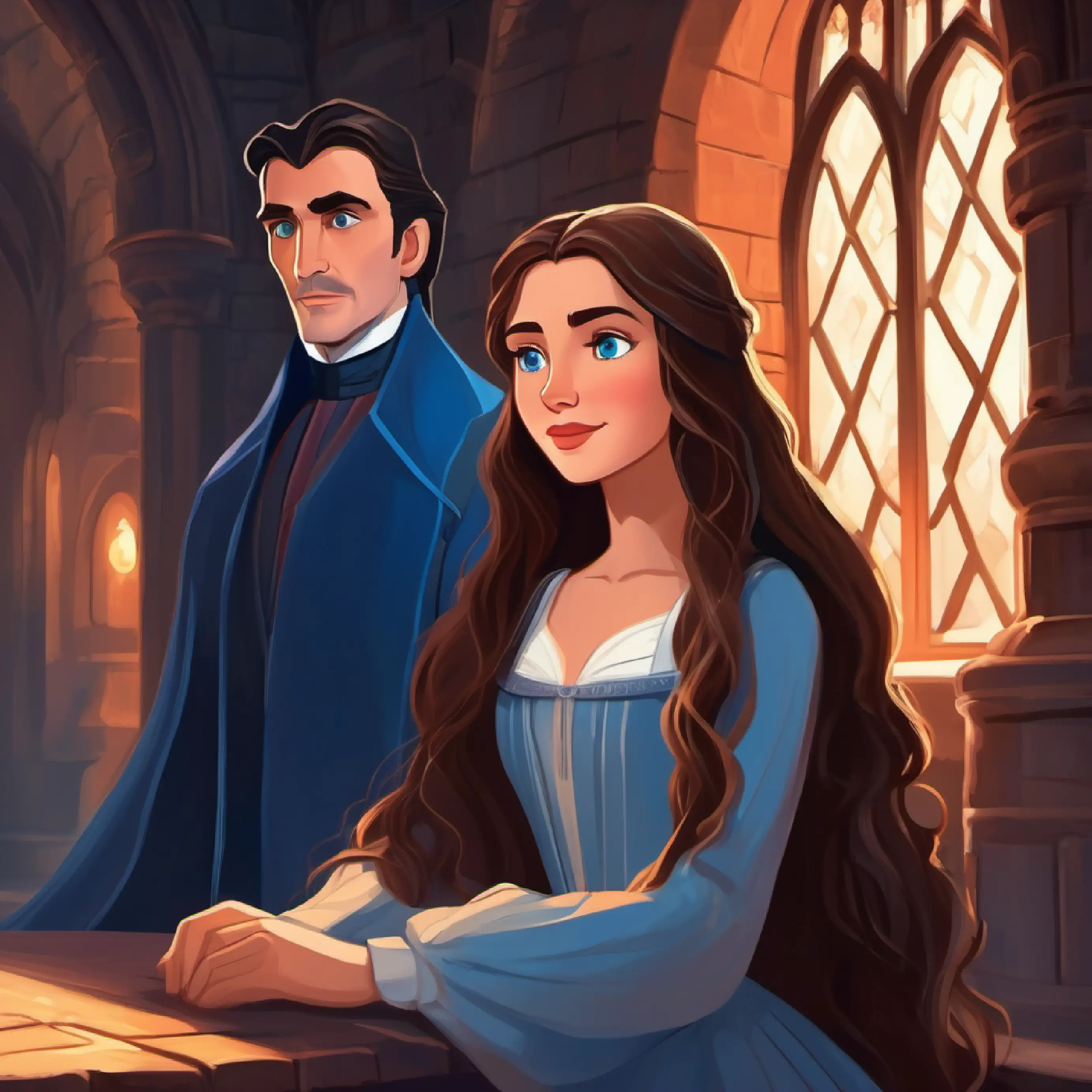Young girl with brown hair and big curious brown eyes appears in Dracula's Castle and meets Kind woman with long hair and gentle blue eyes.
