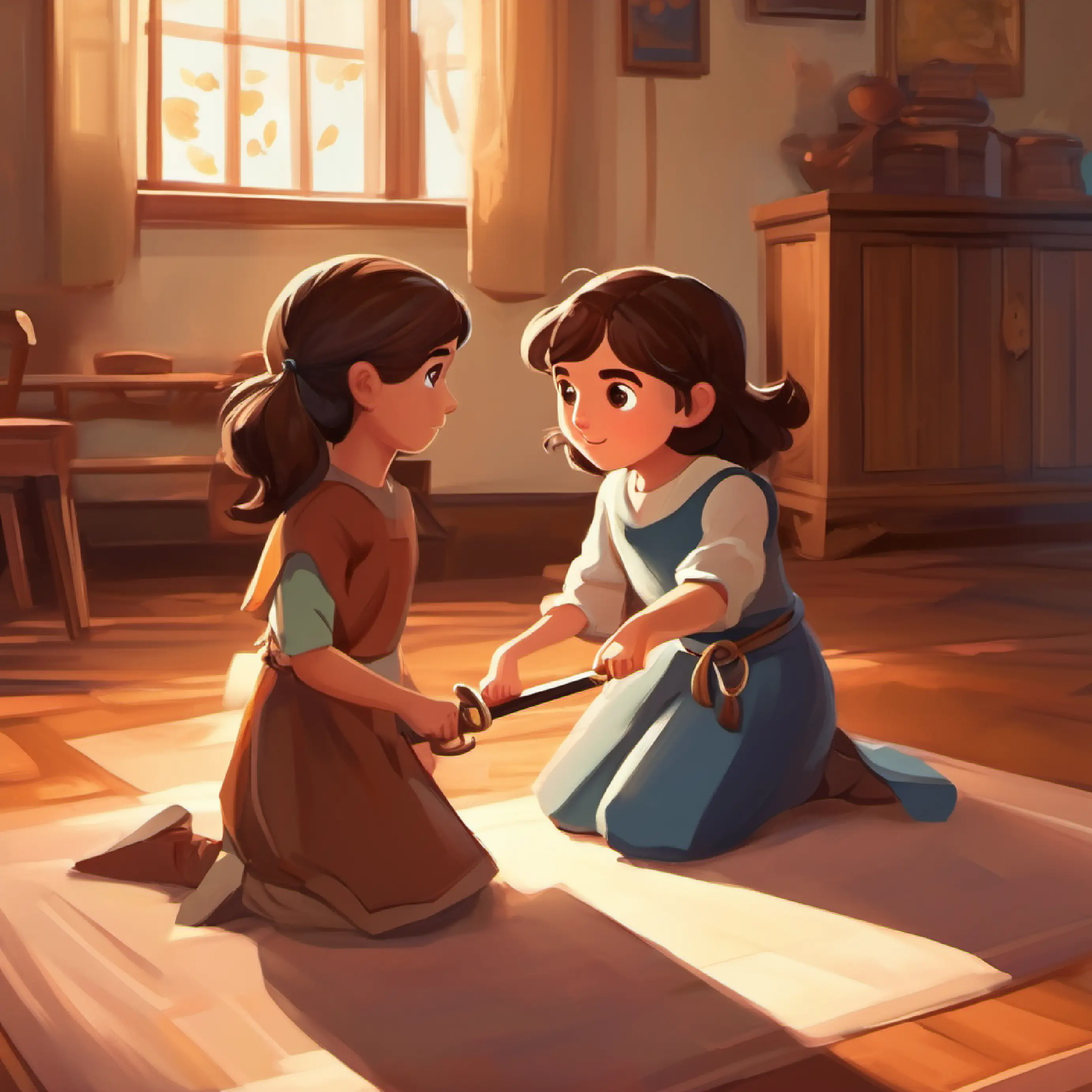 Young girl with brown hair and big curious brown eyes and Older child, serious face, friendly brown eyes like Young girl with brown hair and big curious brown eyes play in a room with a floating sword.