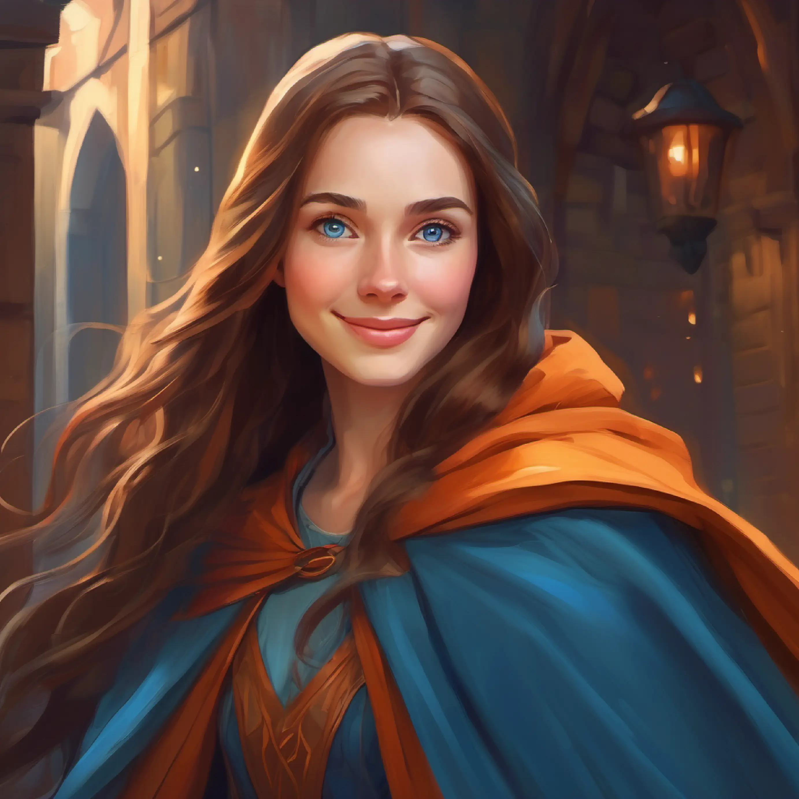 Kind woman with long hair and gentle blue eyes and Tall, with a cape, pale skin, and a warm but strange smile send Young girl with brown hair and big curious brown eyes back home.