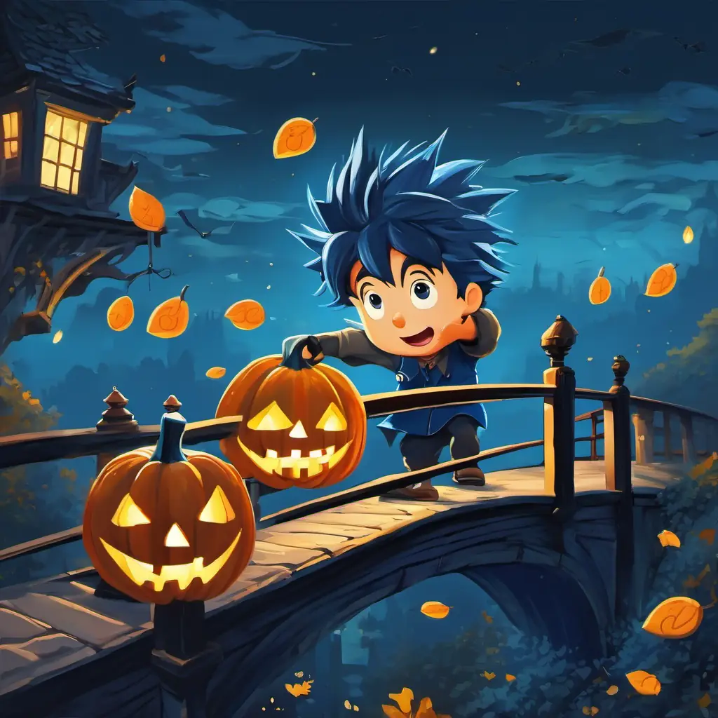 Blue number 12 with spiky hair, a blue number 12, solving a puzzle on a bridge, with numbers 1 to 10 on it.
