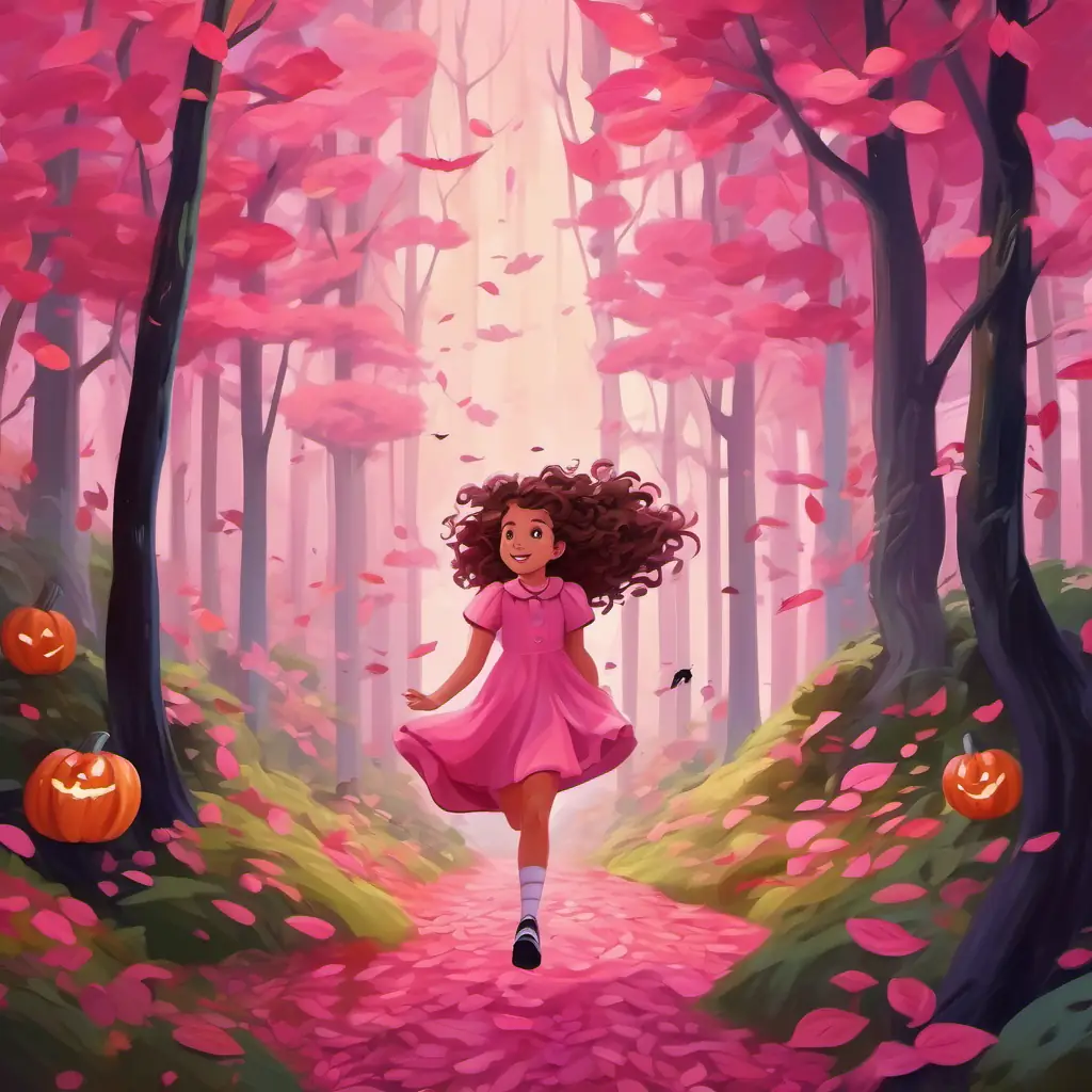 Pink number 13 with curly hair, a pink number 13, skipping and jumping, discovering a pattern of leaves on the forest floor.