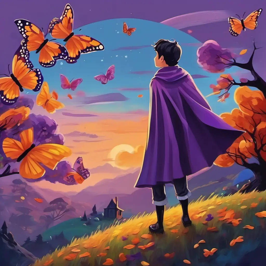 Purple number 14 with a cape, a purple number 14, wearing a cape, climbing a hill and observing four colorful butterflies.