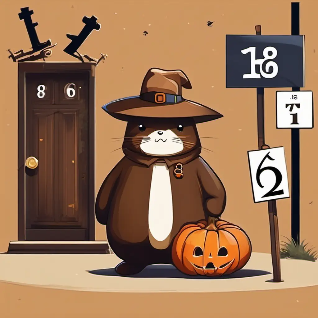 Determined brown number 18 with a hat, a brown number 18 with a hat, standing next to a sign with a math problem, showcasing 6 plus 6 equals what.