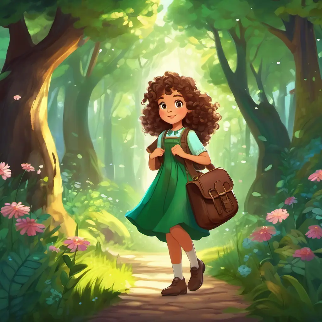 Curly brown hair, sparkling green eyes, wears a flowery dress and carries a satchel discovers a hidden path in the magical forest, setting the stage for her adventure.