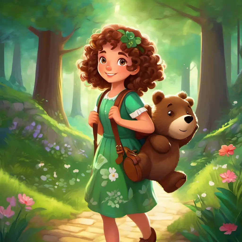 Curly brown hair, sparkling green eyes, wears a flowery dress and carries a satchel meets a friendly bear who welcomes her to the enchanted forest.