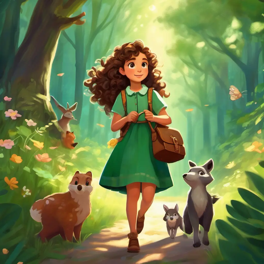 Curly brown hair, sparkling green eyes, wears a flowery dress and carries a satchel discovers that she can talk to the forest animals, who share their stories with her.