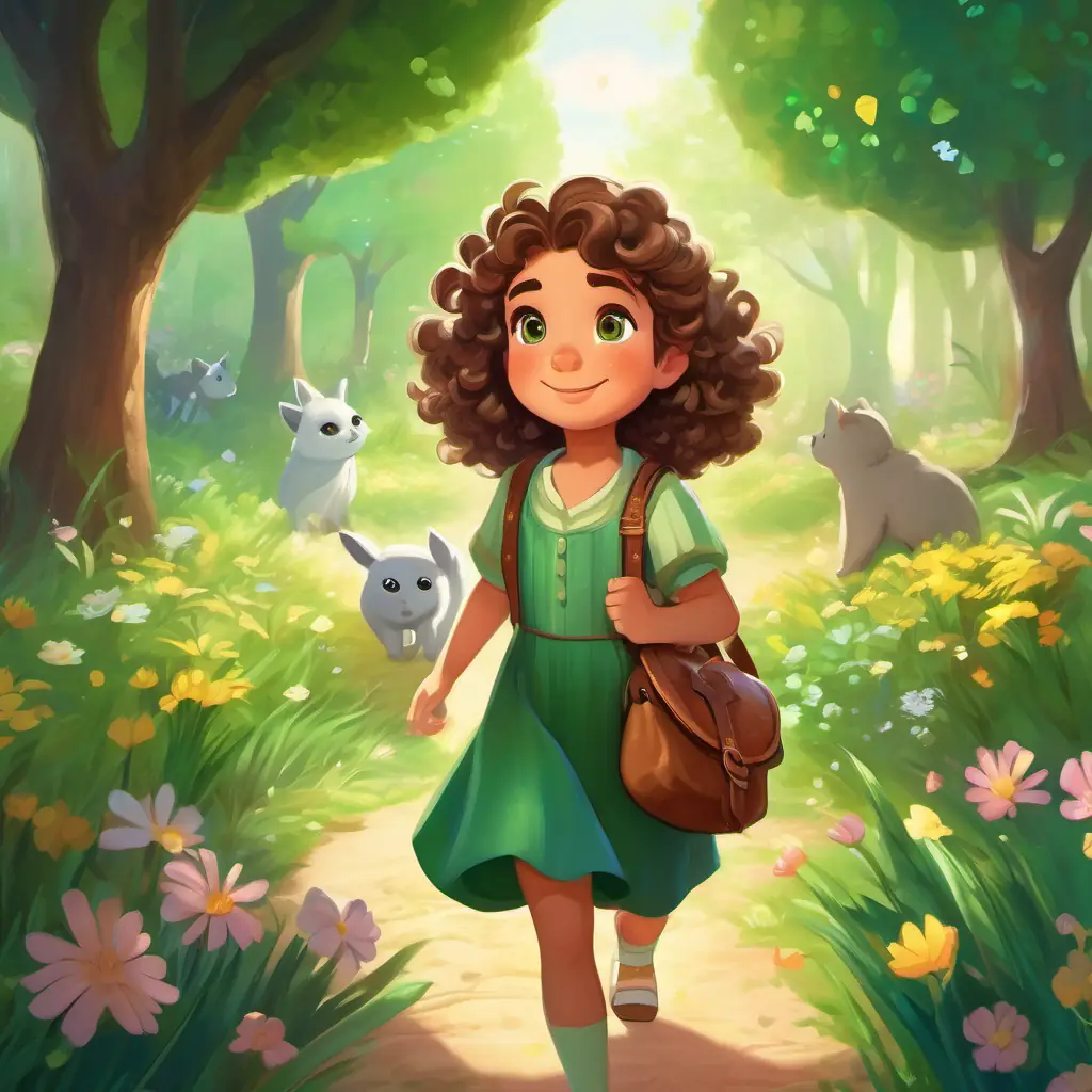 Curly brown hair, sparkling green eyes, wears a flowery dress and carries a satchel learns about the stolen magical crystals and decides to help the animals retrieve them.