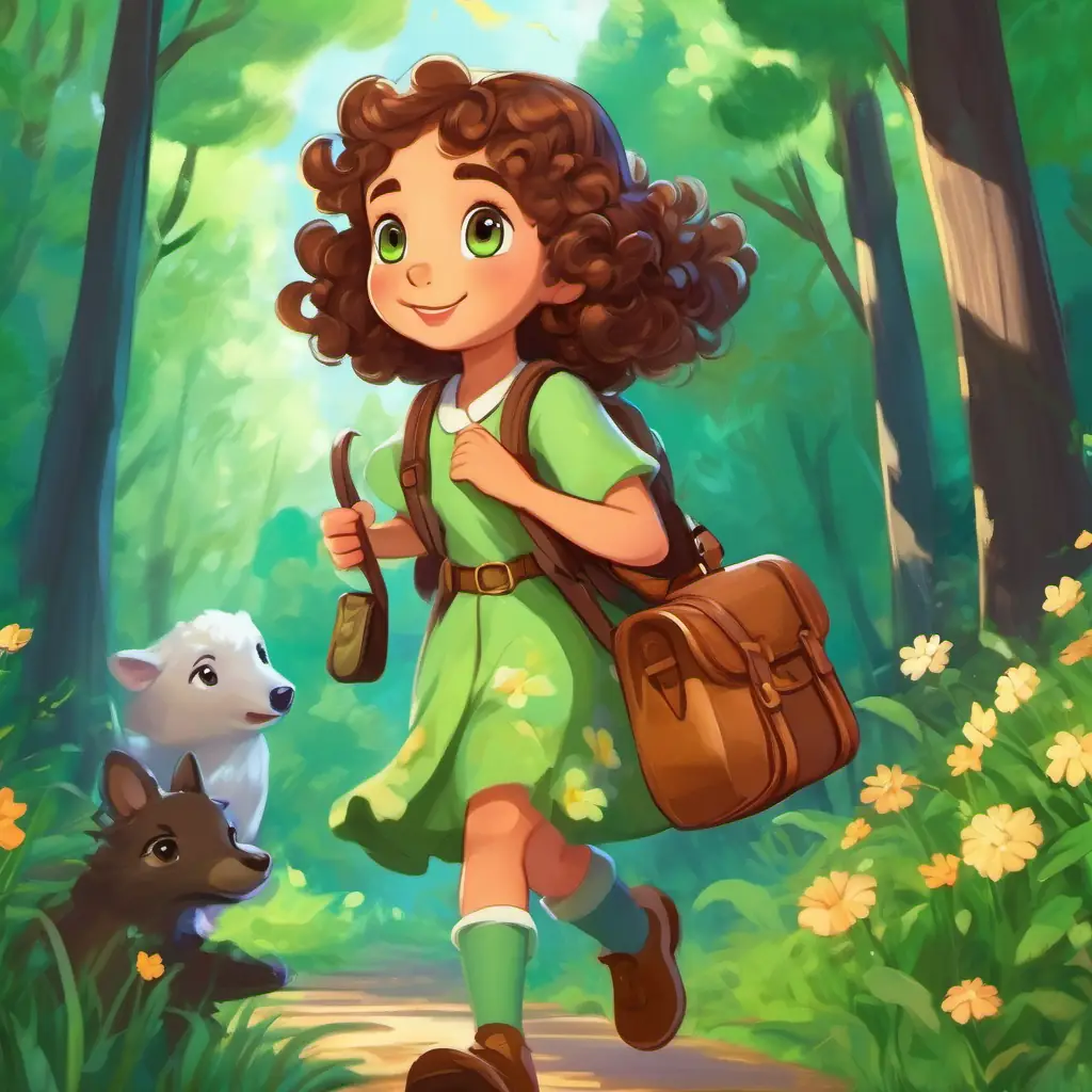 Curly brown hair, sparkling green eyes, wears a flowery dress and carries a satchel embarks on a thrilling adventure with her animal friends, navigating through the forest.