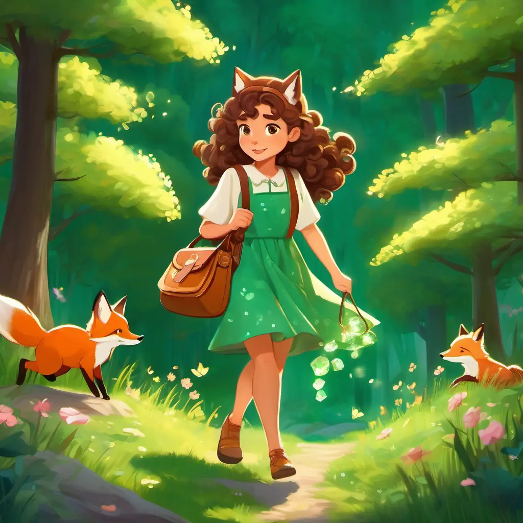 Curly brown hair, sparkling green eyes, wears a flowery dress and carries a satchel and the animals find the fox's hiding place and work together to retrieve the stolen crystals.
