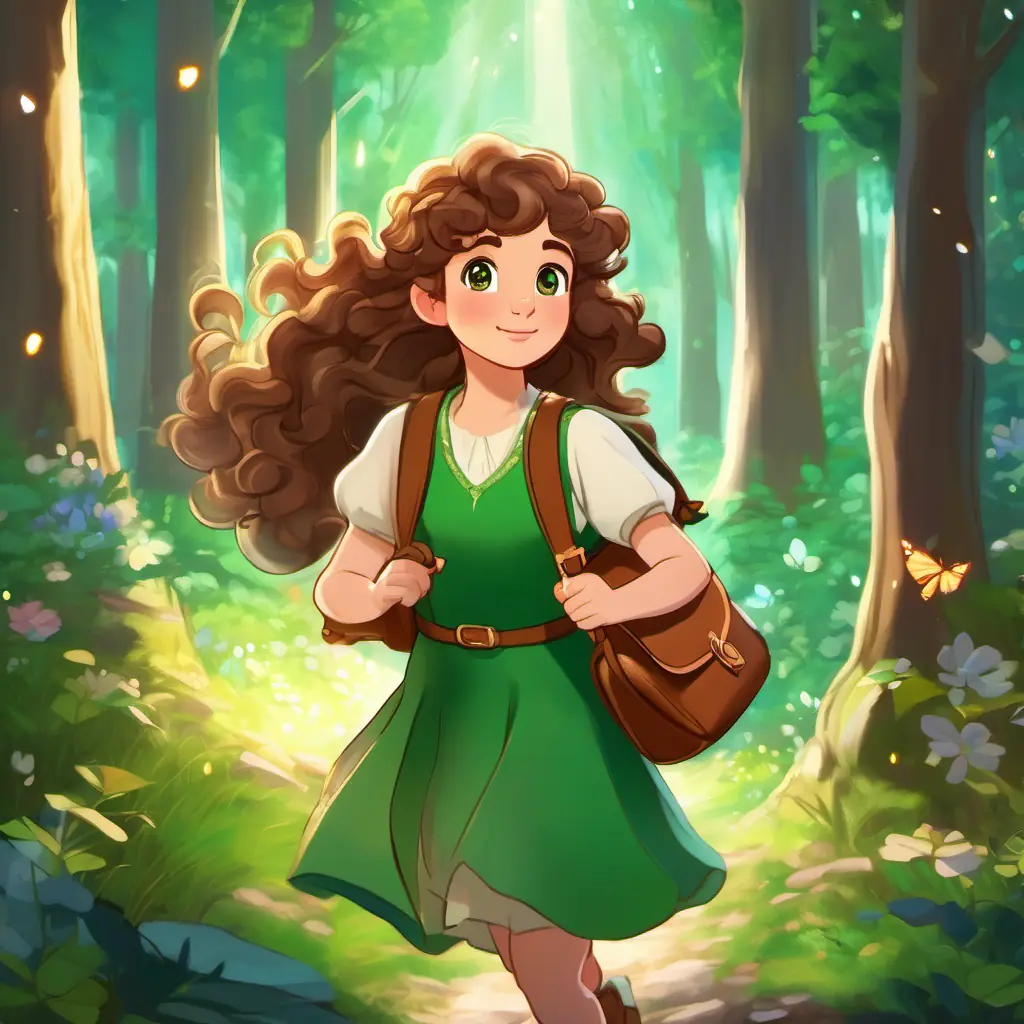 The crystals are returned, and the forest celebrates the return of balance and harmony. Curly brown hair, sparkling green eyes, wears a flowery dress and carries a satchel is now a part of the enchanted forest family.