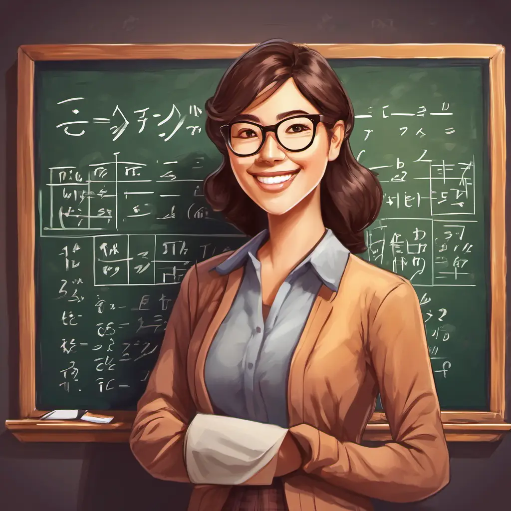 Illustration: A smiling teacher with glasses, standing in front of a chalkboard with math equations written on it.