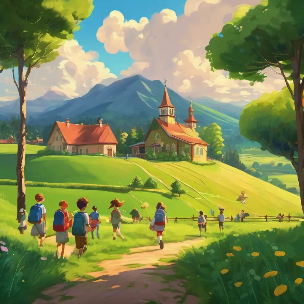 Illustration: A schoolhouse surrounded by green fields, with students playing outside.