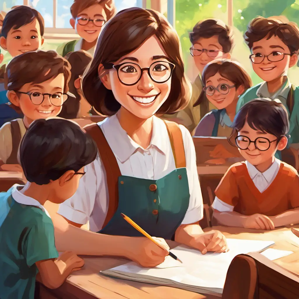 Illustration: Kind teacher, brown hair, glasses, friendly smile with a big smile, surrounded by thankful students and parents.