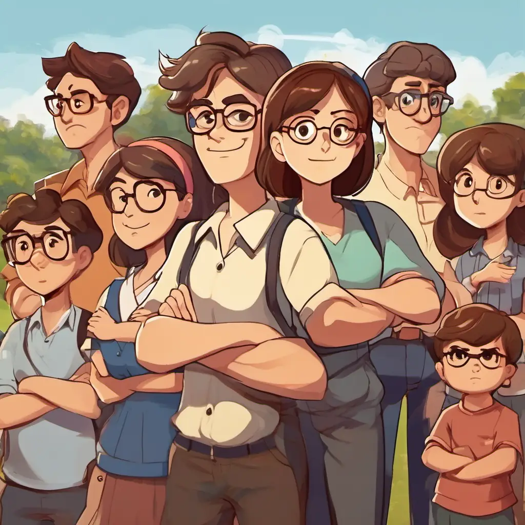 Illustration: A group of angry parents with crossed arms, pointing fingers at Kind teacher, brown hair, glasses, friendly smile.