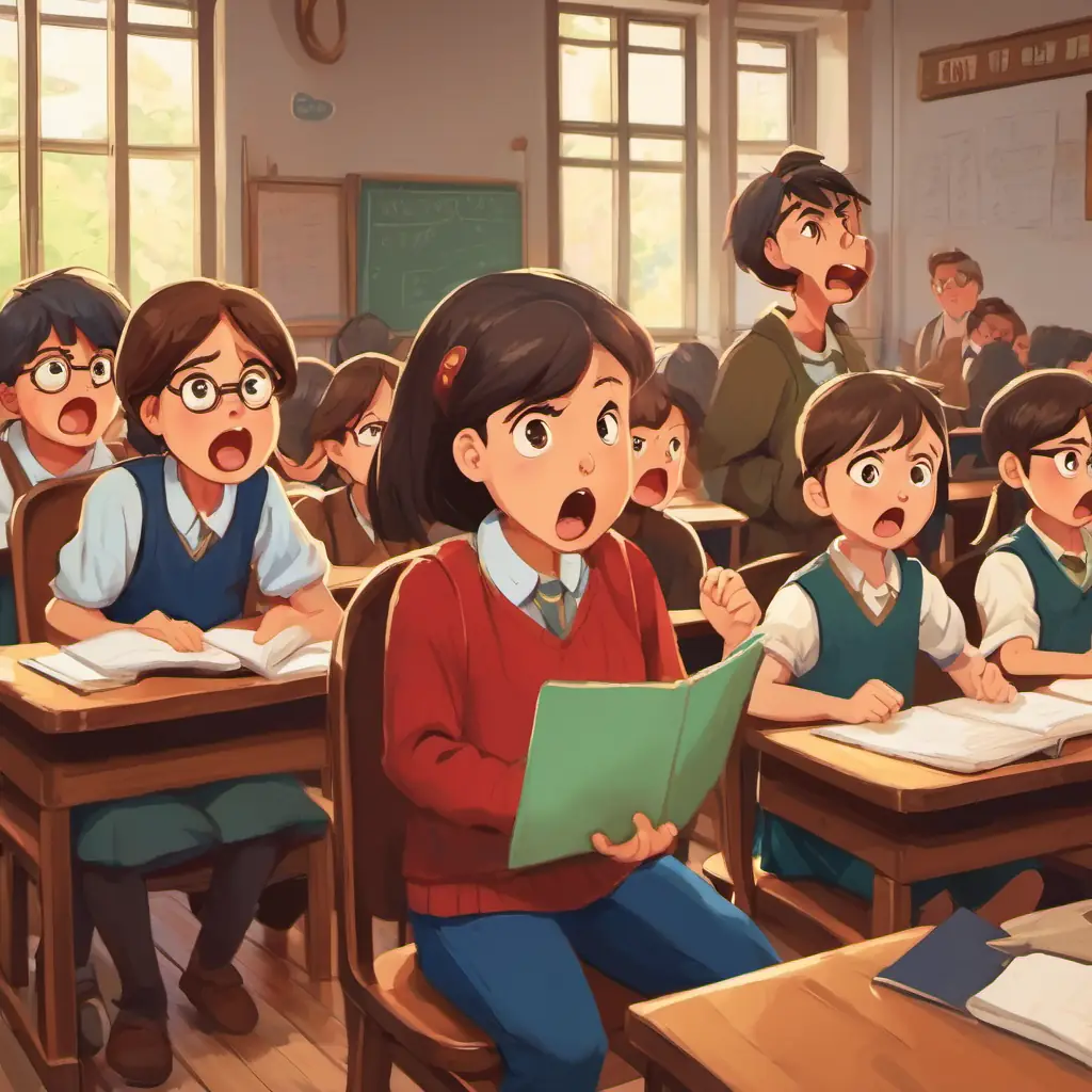 Illustration: A parent shouting angrily in the classroom, while the other students look upset.